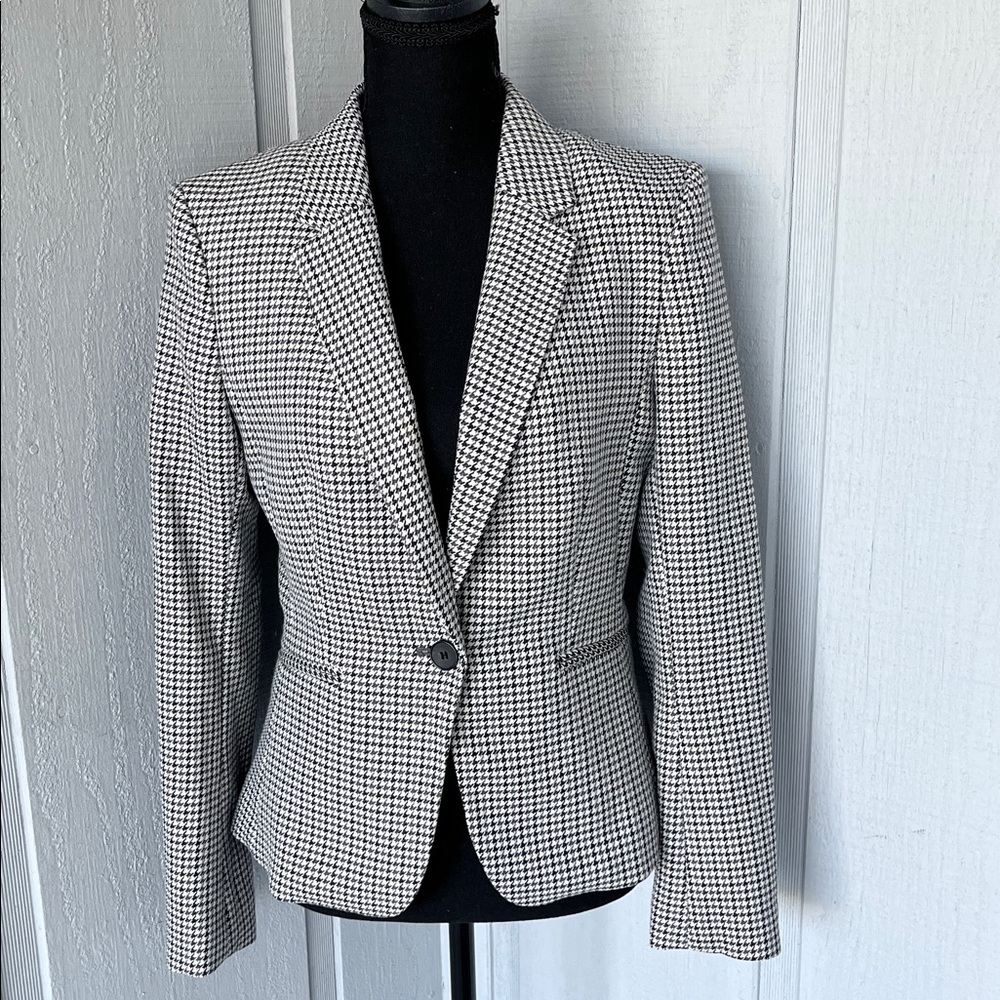 H&M Houndstooth Peplum Blazer Jacket Black White Size S Fitted Single Button EUC